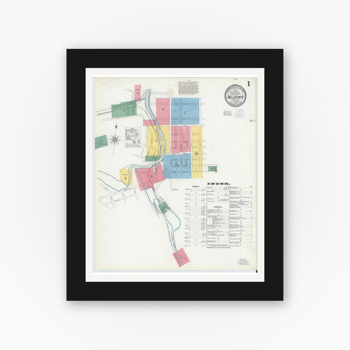 Old map wall art mockup — black gallery frame with white mat — Sanborn Fire Insurance Map from Bellefonte, Centre County, Pennsylvania (1904) - Complete Map Set
