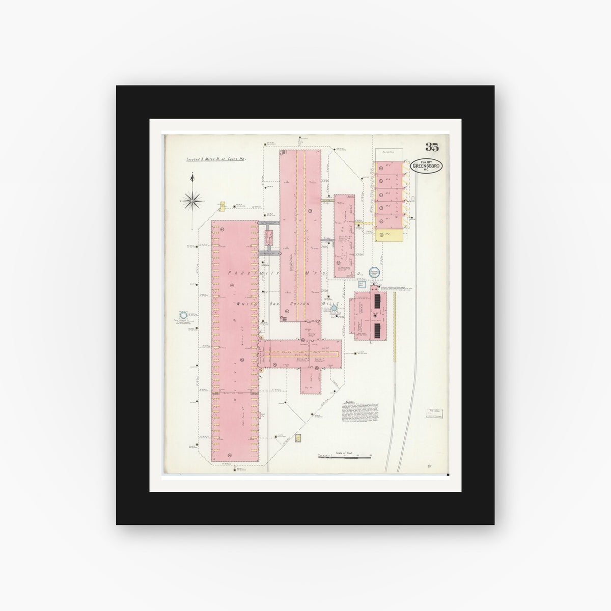 Old map wall art mockup — black gallery frame with white mat — Sanborn Fire Insurance Map from Greensboro, Guilford County, North Carolina (1907), Sheet #0035