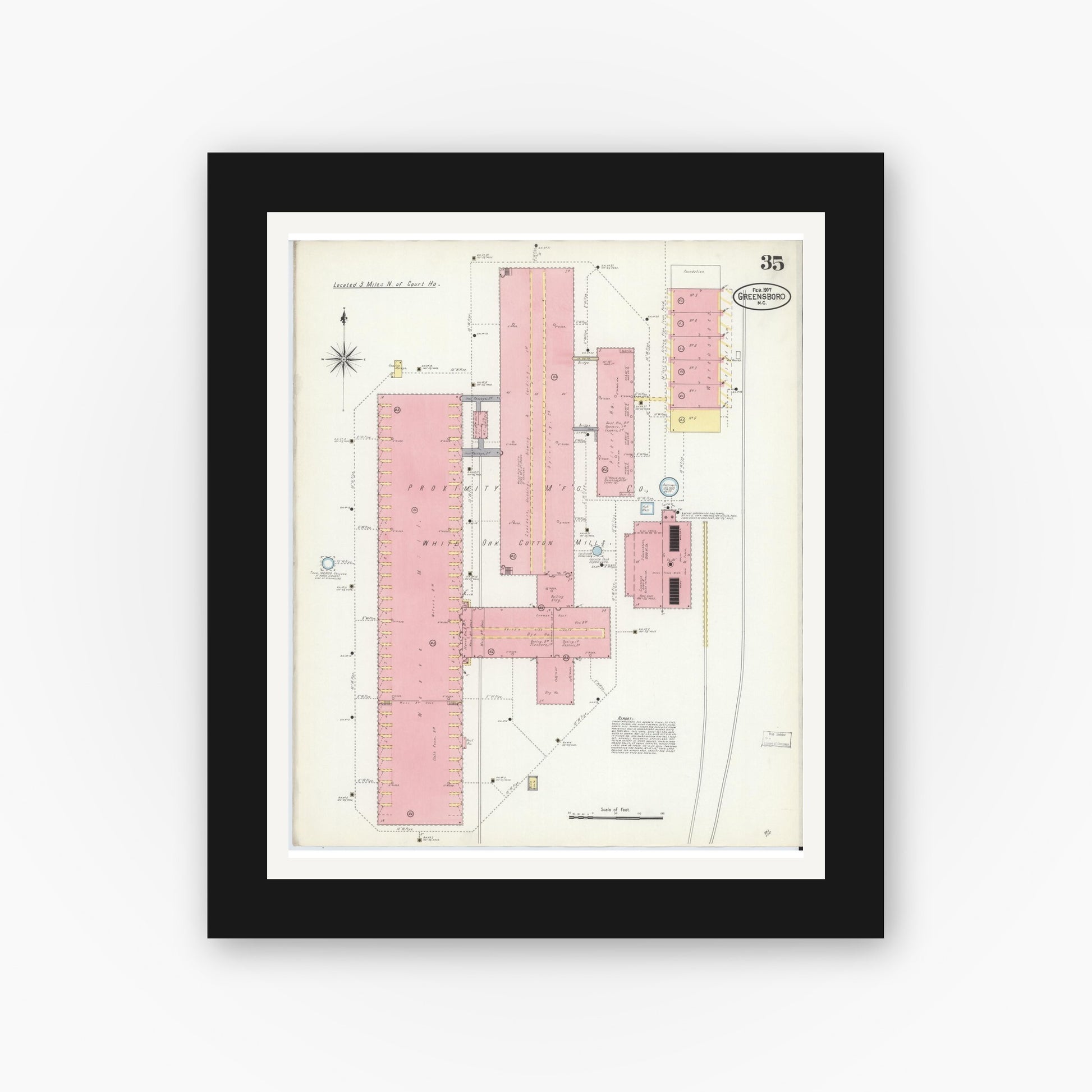 Old map wall art mockup — black gallery frame with white mat — Sanborn Fire Insurance Map from Greensboro, Guilford County, North Carolina (1907), Sheet #0035