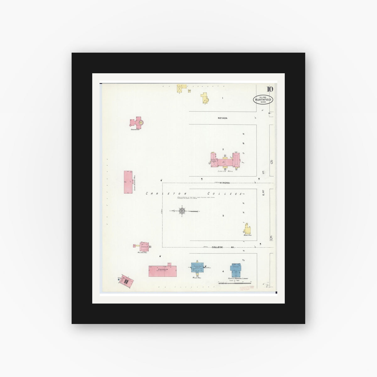 Old map wall art mockup — black gallery frame with white mat — Sanborn Fire Insurance Map from Northfield, Rice County, Minnesota (1910), Sheet #0010