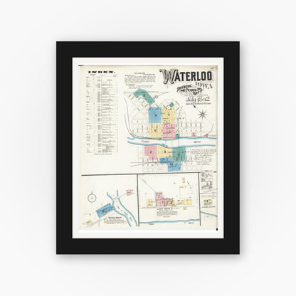 Old map wall art mockup — black gallery frame with white mat — Sanborn Fire Insurance Map from Waterloo, Black Hawk County, Iowa (1892) â€” Complete Set