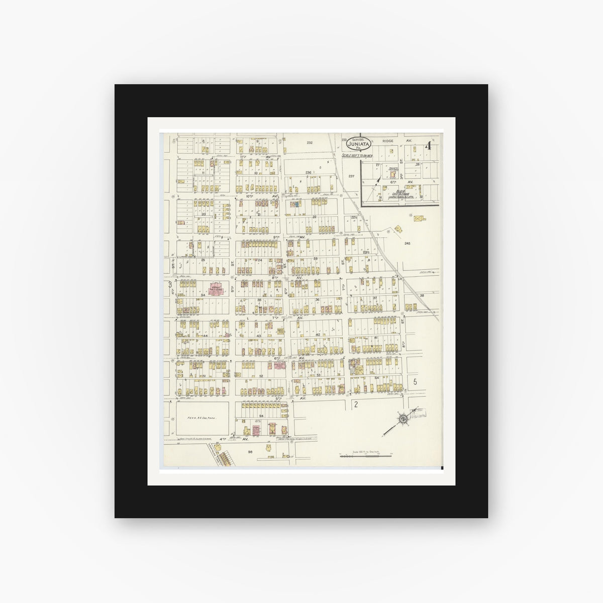 Old map wall art mockup — black gallery frame with white mat — Sanborn Fire Insurance Map from Juniata, Blair County, Pennsylvania (1915), Sheet #0004