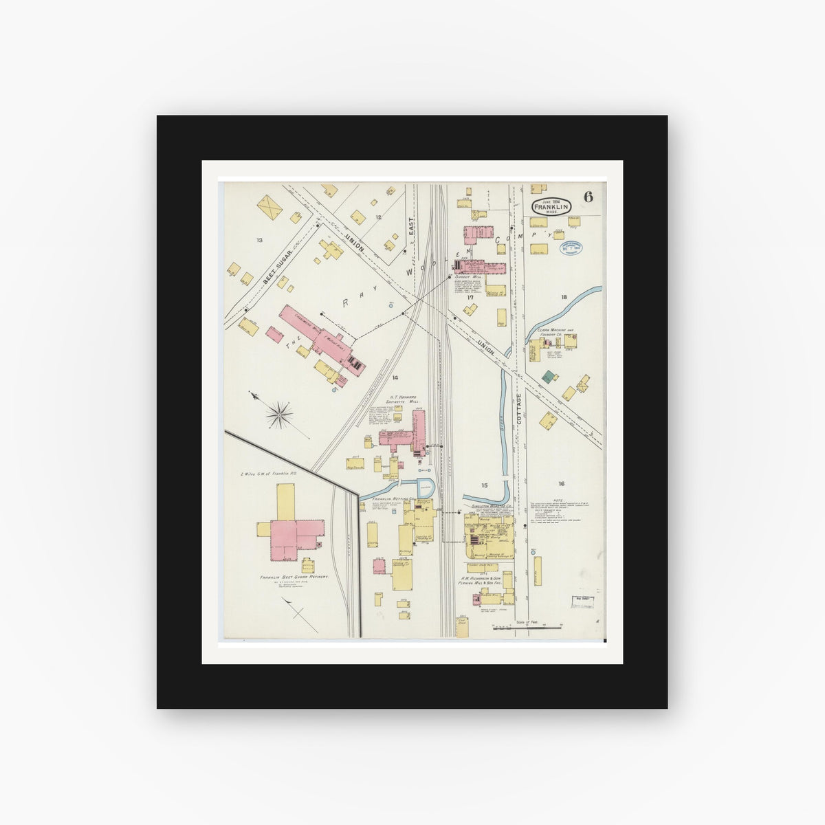 Old map wall art mockup — black gallery frame with white mat — Sanborn Fire Insurance Map from Franklin, Norfolk County, Massachusetts (1894), Sheet #0006