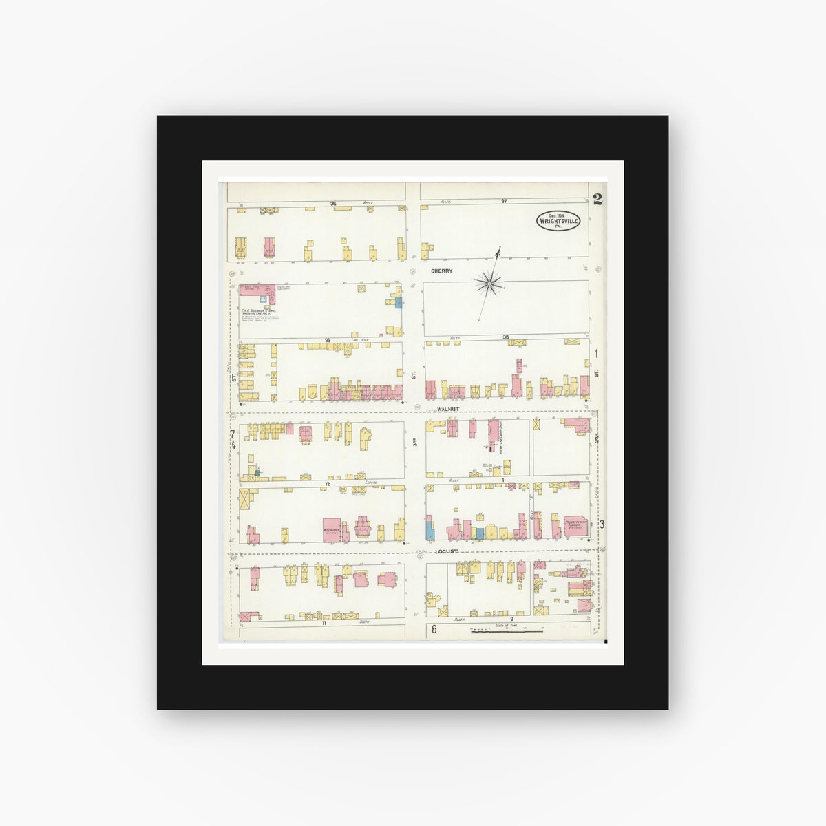 Old map wall art mockup — black gallery frame with white mat — Sanborn Fire Insurance Map from Wrightsville, York County, Pennsylvania (1904), Sheet #0002
