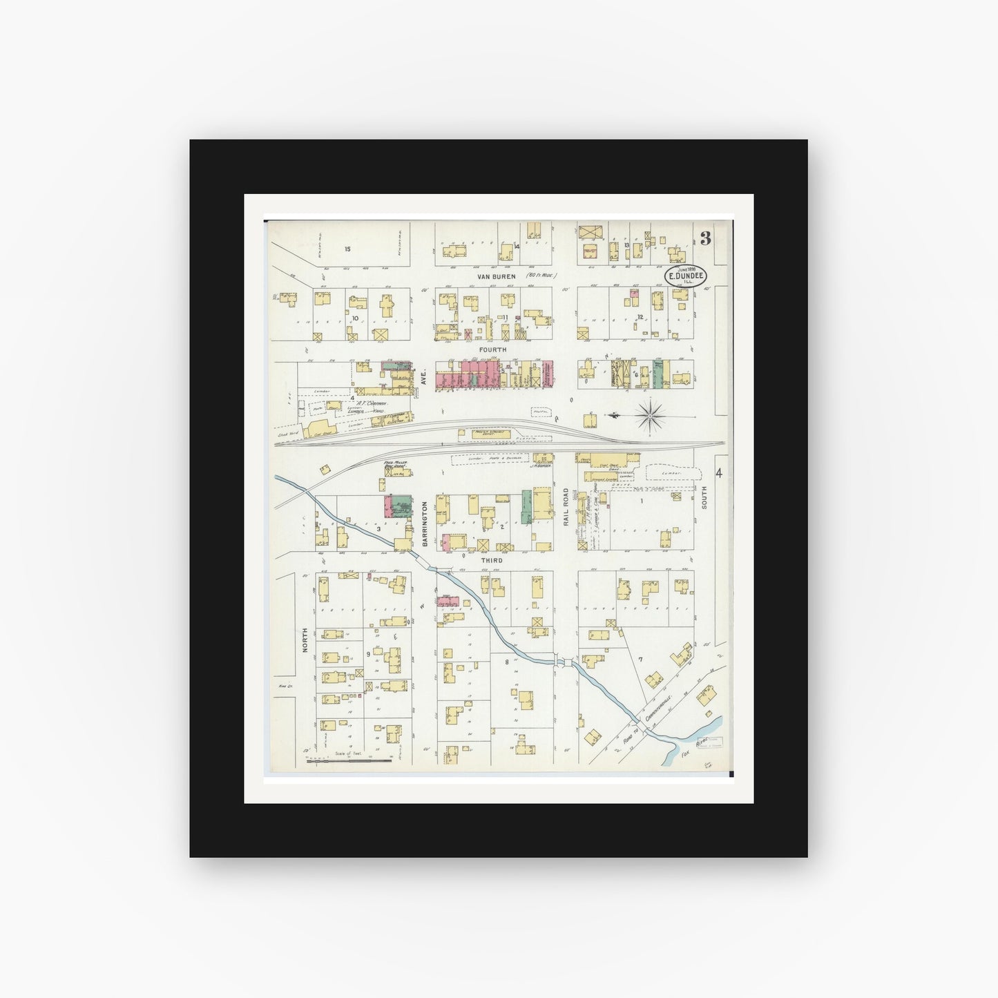 Old map wall art mockup — black gallery frame with white mat — Sanborn Fire Insurance Map from Dundee, Kane County, Illinois (1898), Sheet #0003