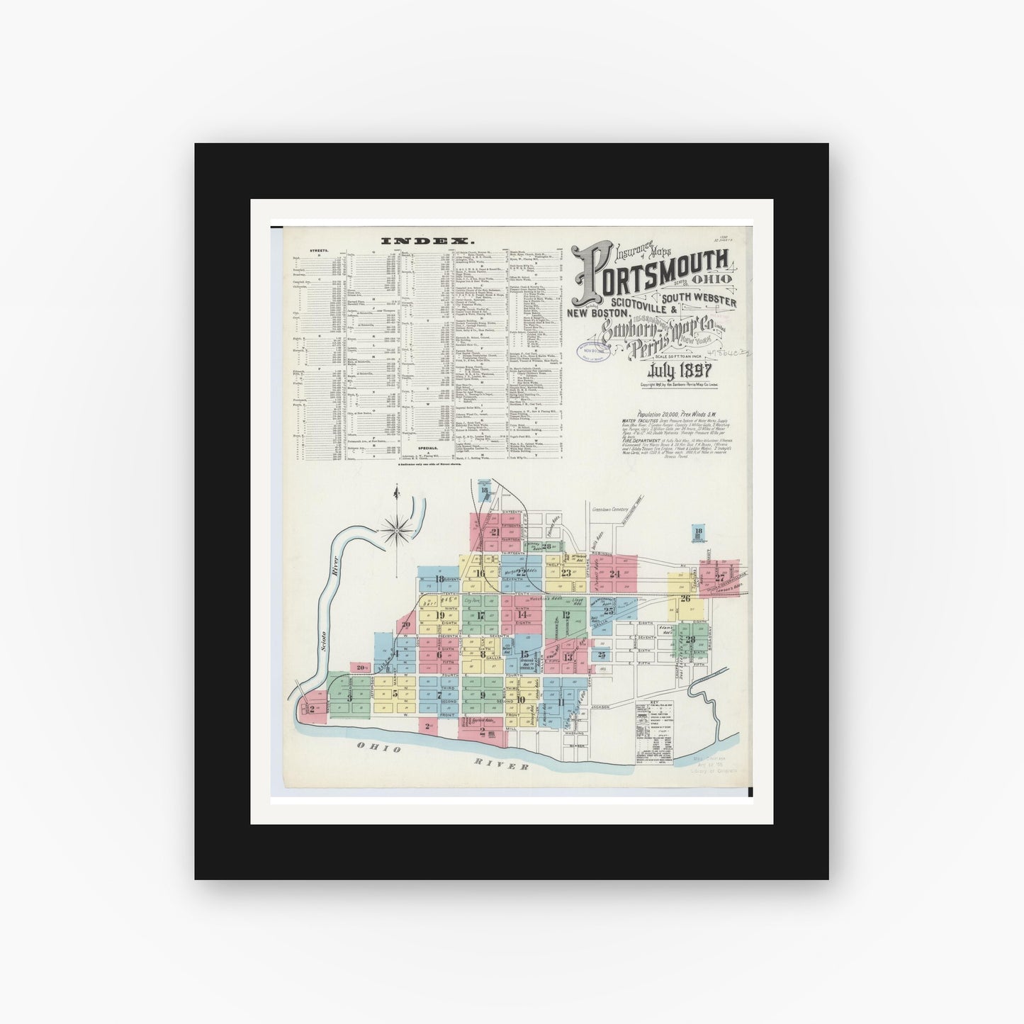 Old map wall art mockup — black gallery frame with white mat — Sanborn Fire Insurance Map from Portsmouth, Scioto County, Ohio (1897) - Complete Map Set