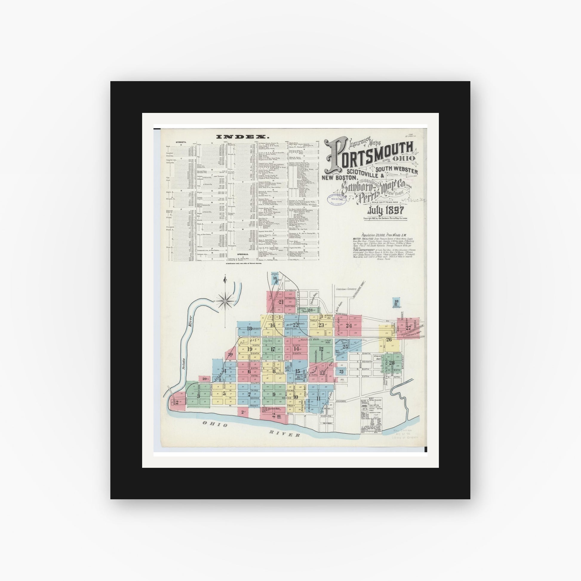 Old map wall art mockup — black gallery frame with white mat — Sanborn Fire Insurance Map from Portsmouth, Scioto County, Ohio (1897) - Complete Map Set