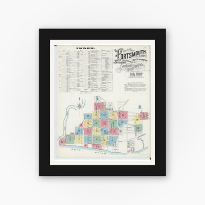 Old map wall art mockup — black gallery frame with white mat — Sanborn Fire Insurance Map from Portsmouth, Scioto County, Ohio (1897) - Complete Map Set