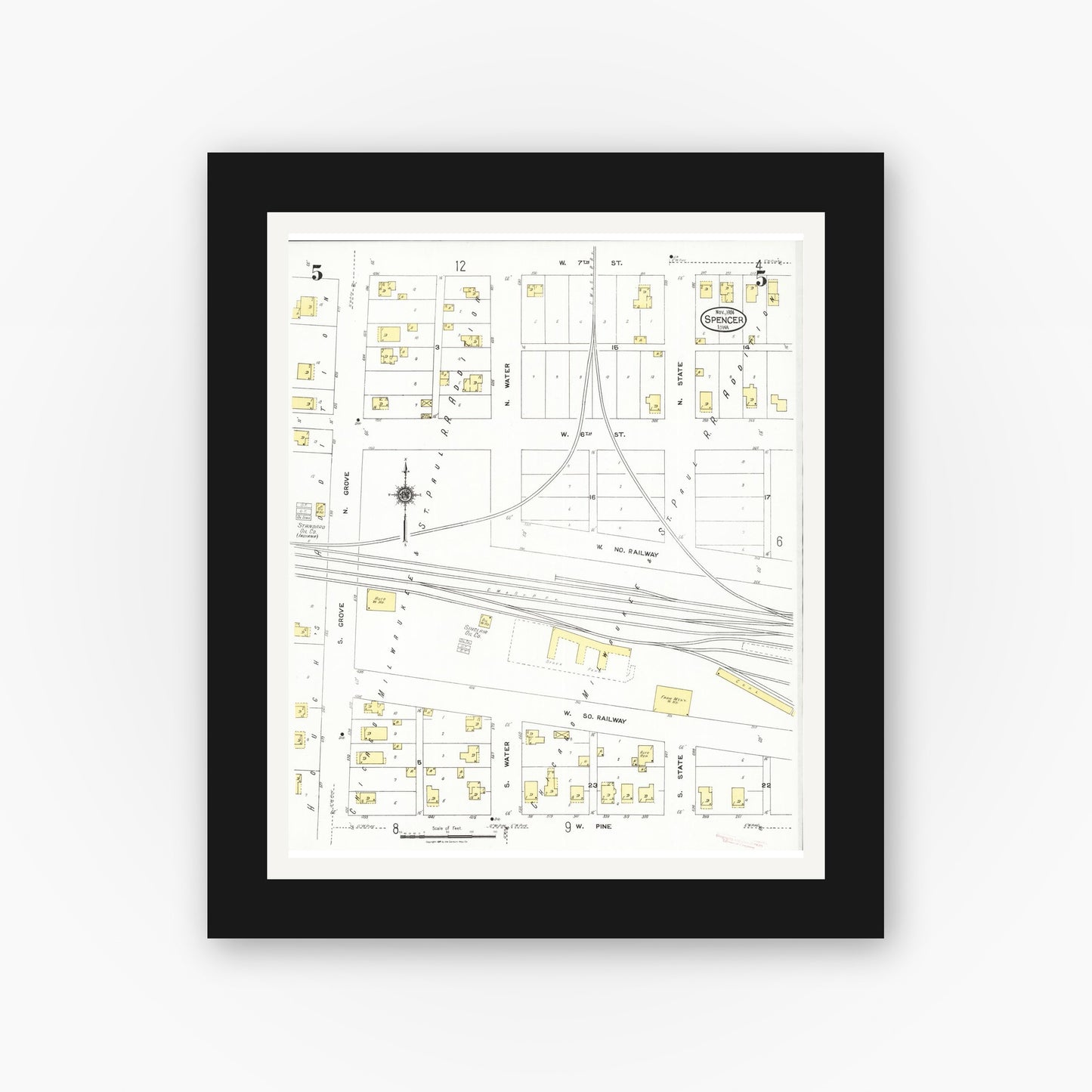 Old map wall art mockup — black gallery frame with white mat — Sanborn Fire Insurance Map from Spencer, Clay County, Iowa (1924), Sheet #0005