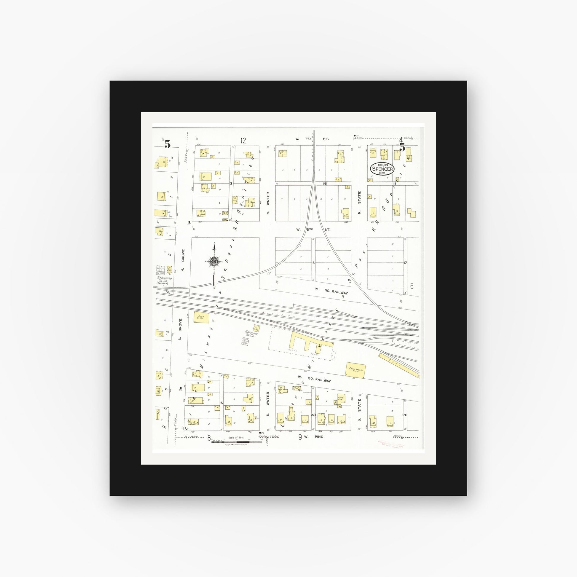 Old map wall art mockup — black gallery frame with white mat — Sanborn Fire Insurance Map from Spencer, Clay County, Iowa (1924), Sheet #0005