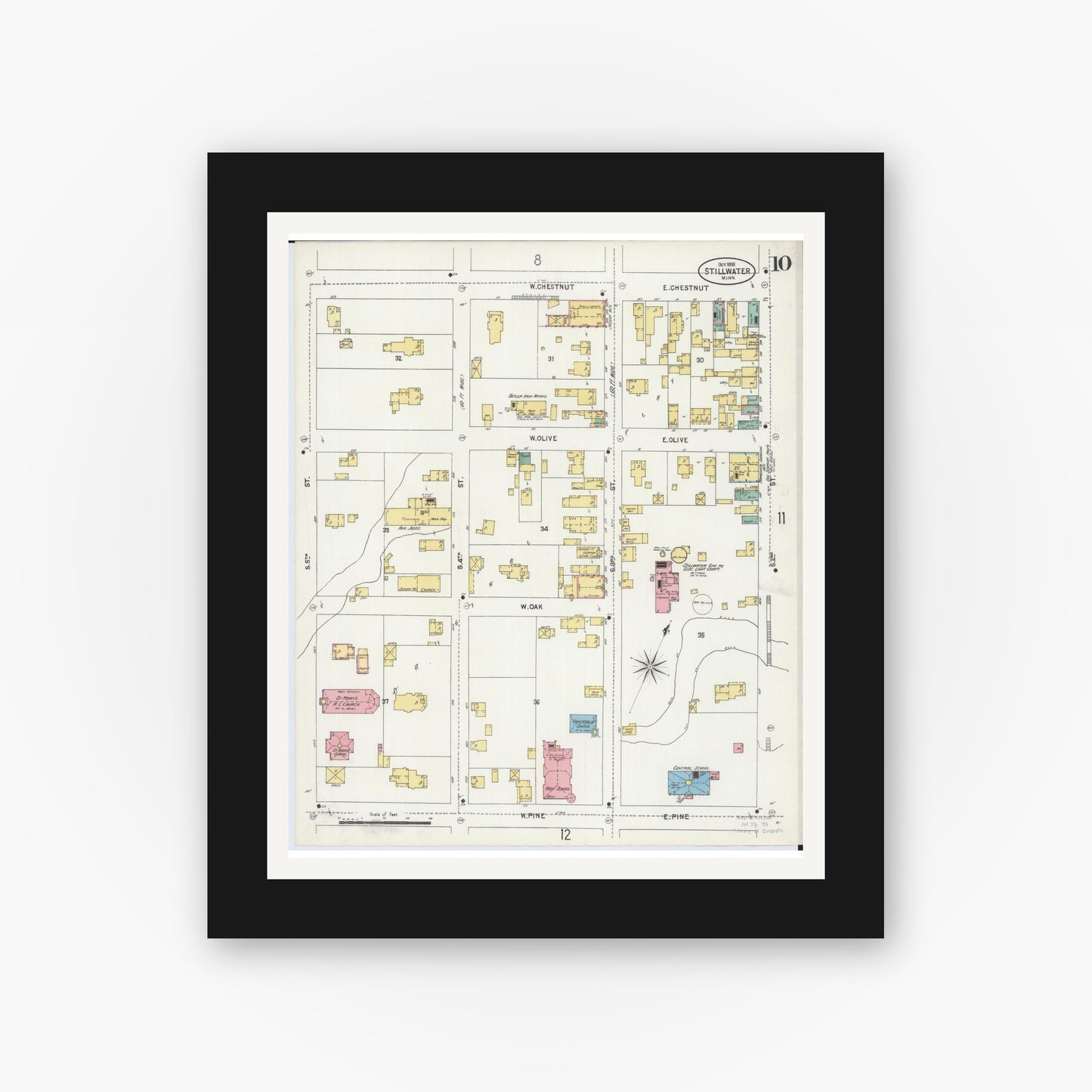 Old map wall art mockup — black gallery frame with white mat — Sanborn Fire Insurance Map from Stillwater, Washington County, Minnesota (1898), Sheet #0010
