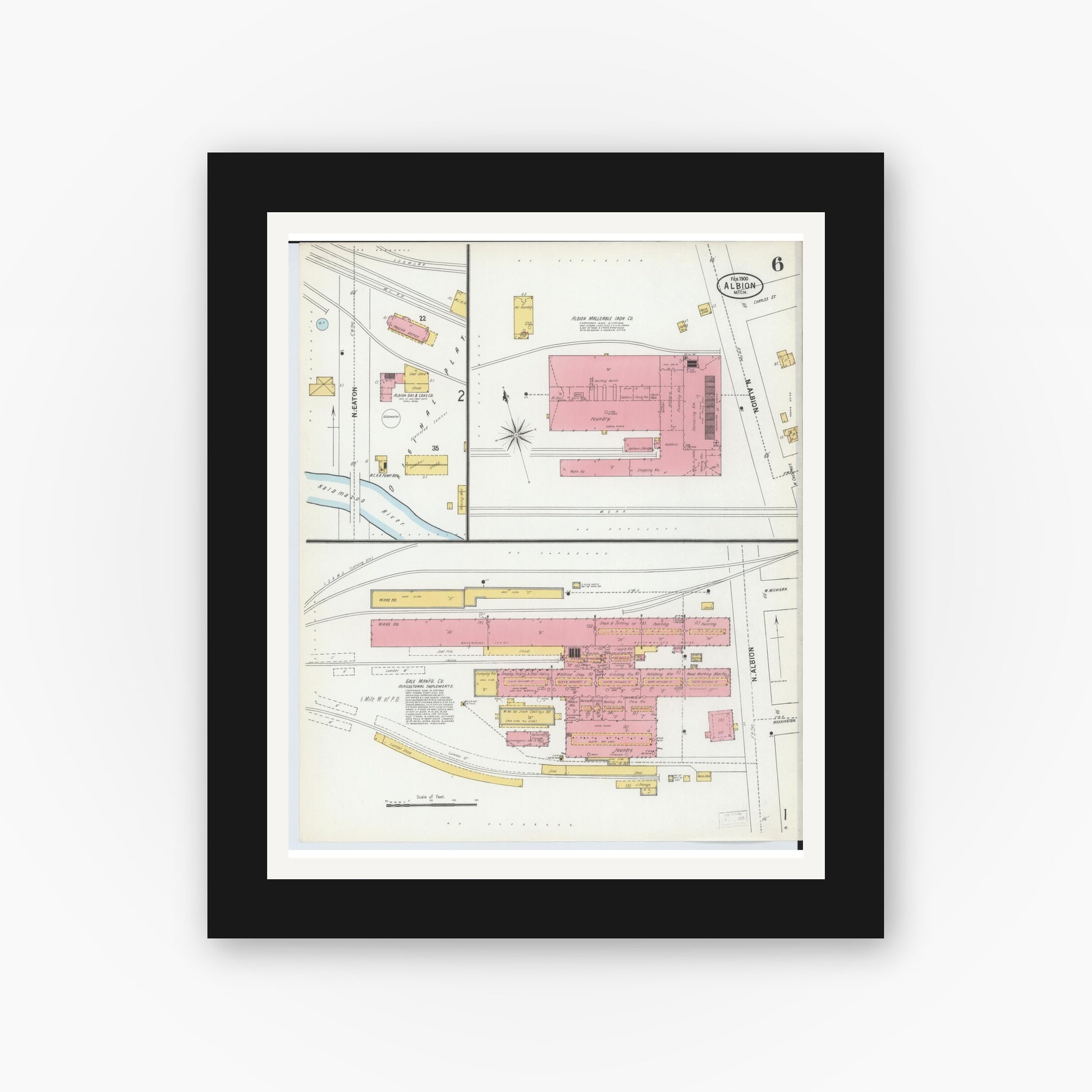 Old map wall art mockup — black gallery frame with white mat — Sanborn Fire Insurance Map from Albion, Calhoun County, Michigan (1900), Sheet #0006