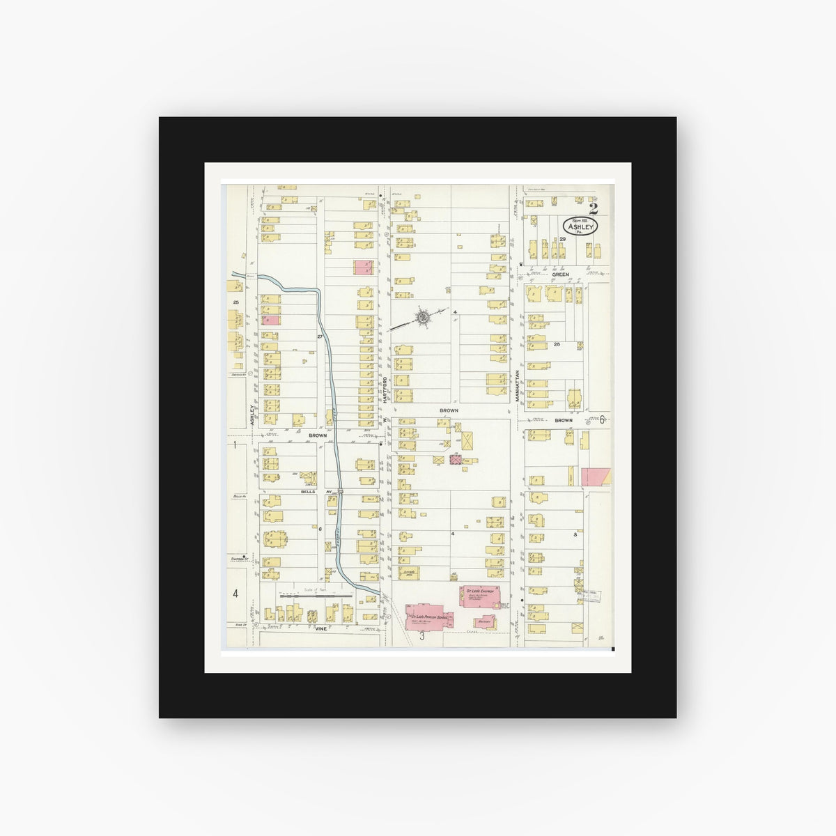 Old map wall art mockup — black gallery frame with white mat — Sanborn Fire Insurance Map from Ashley, Luzerne County, Pennsylvania (1911), Sheet #0002