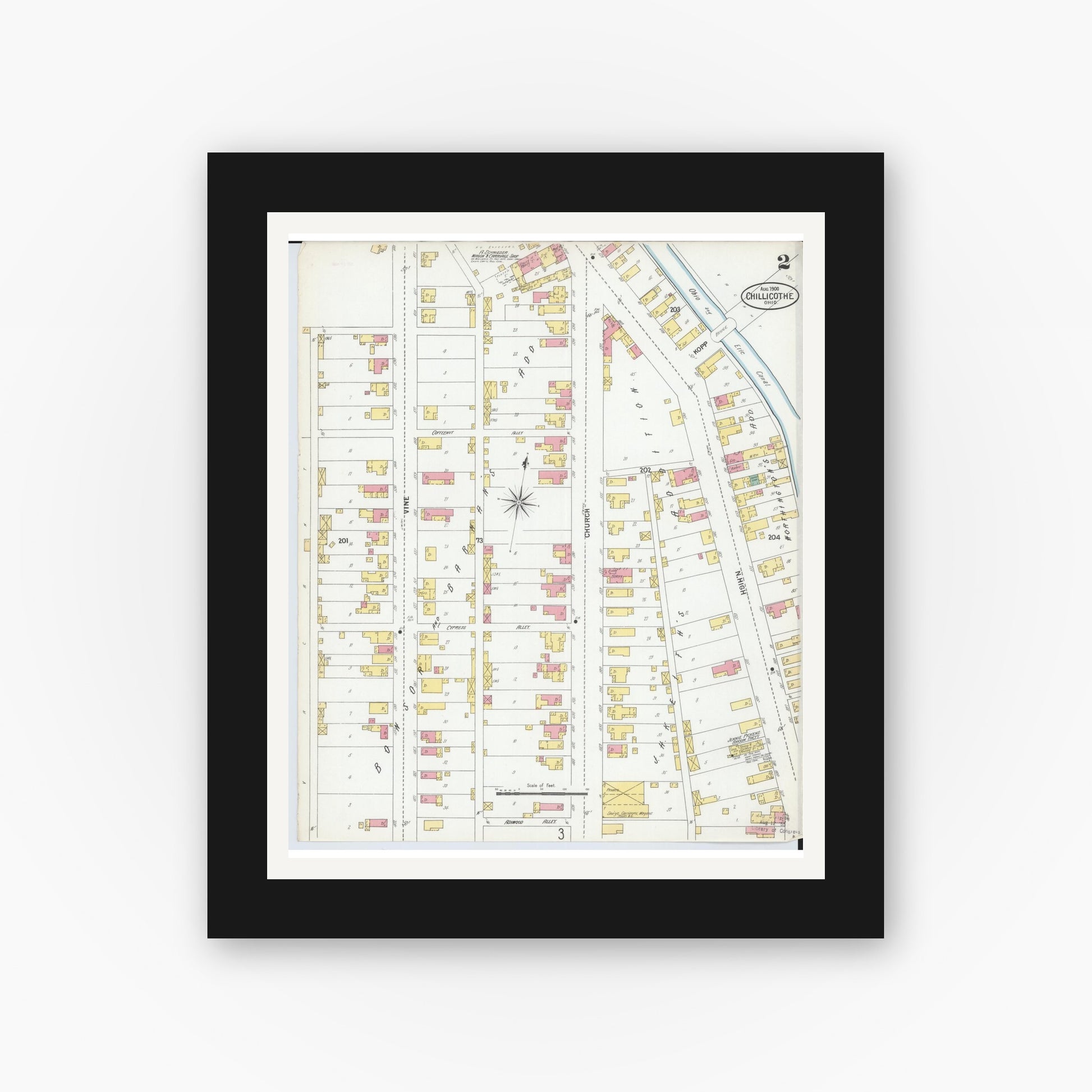 Old map wall art mockup — black gallery frame with white mat — Sanborn Fire Insurance Map from Chillicothe, Ross County, Ohio (1900), Sheet #0002