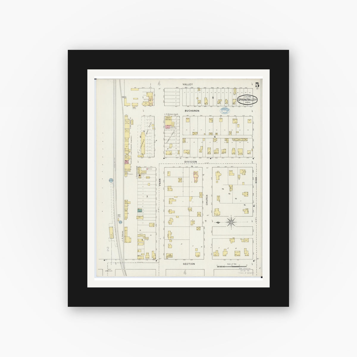 Old map wall art mockup — black gallery frame with white mat — Sanborn Fire Insurance Map from Spring Valley, Fillmore County, Minnesota (1894), Sheet #0005