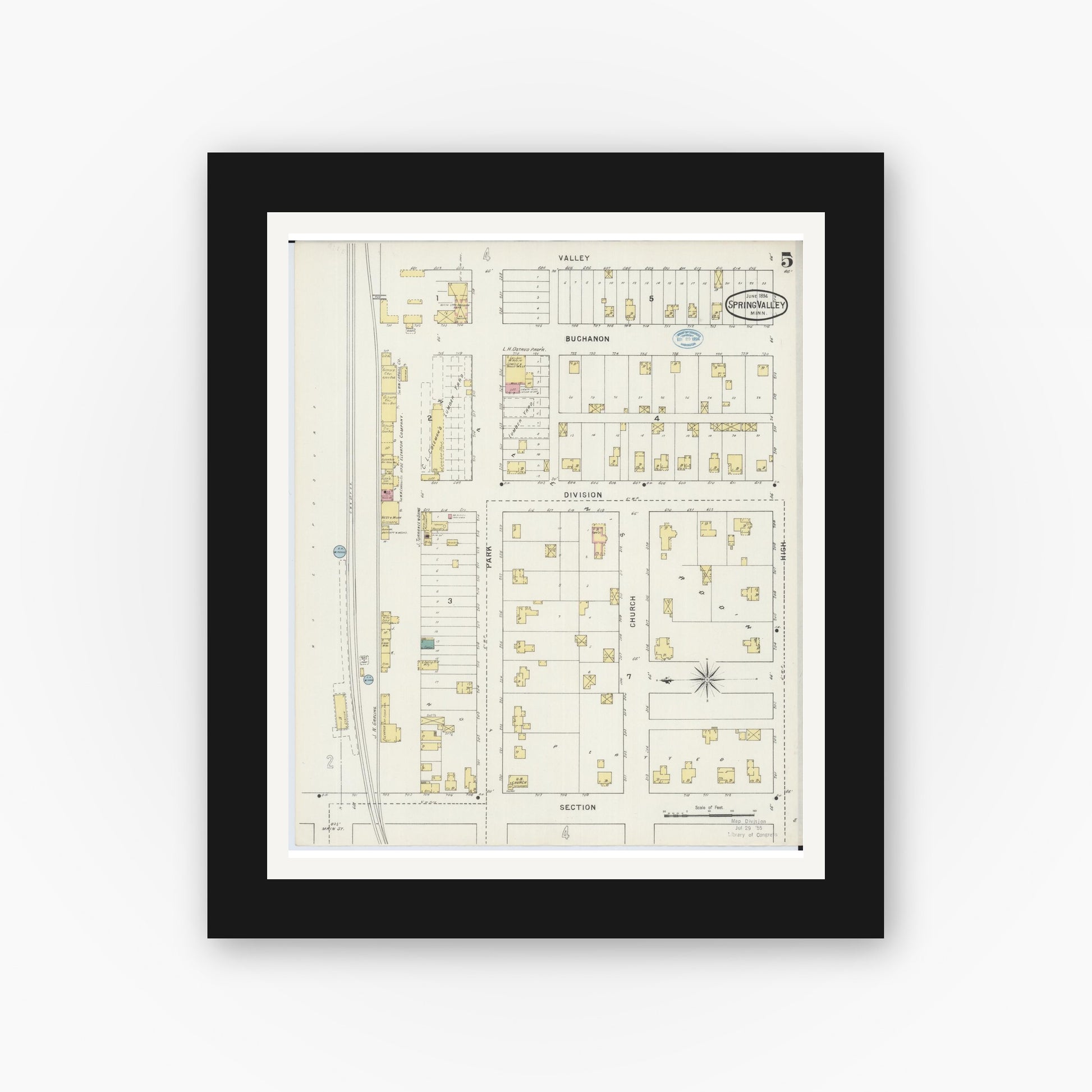 Old map wall art mockup — black gallery frame with white mat — Sanborn Fire Insurance Map from Spring Valley, Fillmore County, Minnesota (1894), Sheet #0005