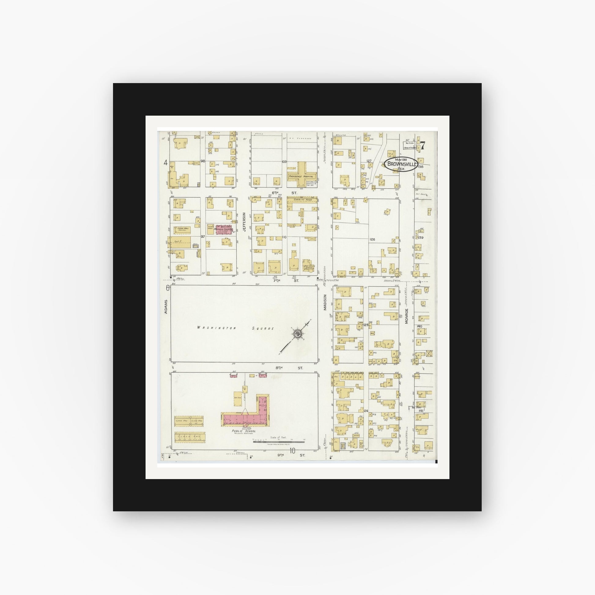 Old map wall art mockup — black gallery frame with white mat — Sanborn Fire Insurance Map from Brownsville, Cameron County, Texas (1919), Sheet #0007