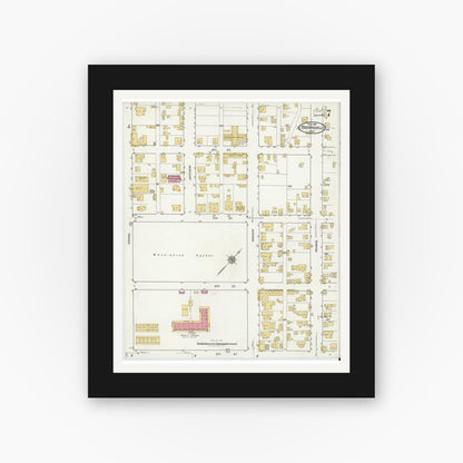 Old map wall art mockup — black gallery frame with white mat — Sanborn Fire Insurance Map from Brownsville, Cameron County, Texas (1919), Sheet #0007