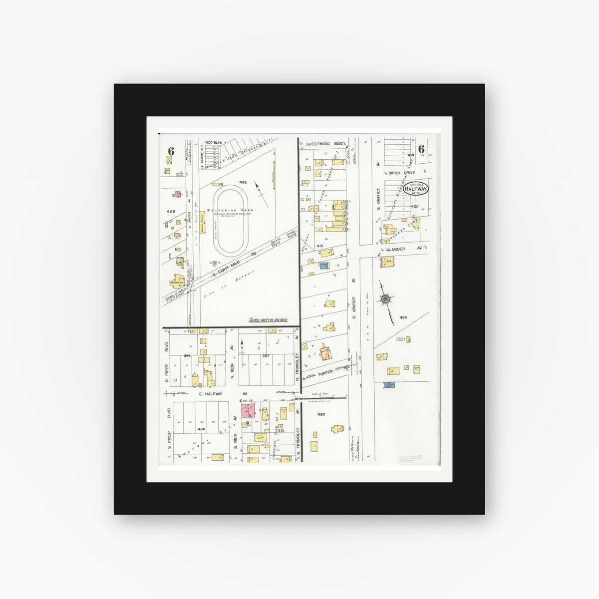 Old map wall art mockup — black gallery frame with white mat — Sanborn Fire Insurance Map from Halfway, Macomb County, Michigan (1925), Sheet #0006