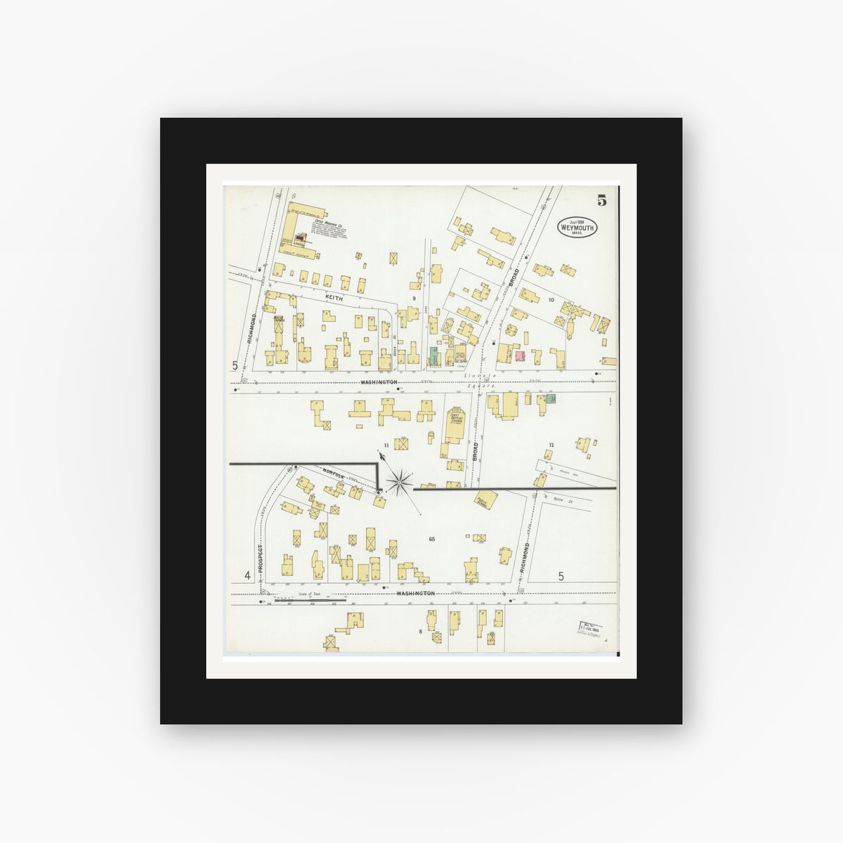 Old map wall art mockup — black gallery frame with white mat — Sanborn Fire Insurance Map from Weymouth, Norfolk County, Massachusetts (1899), Sheet #0005