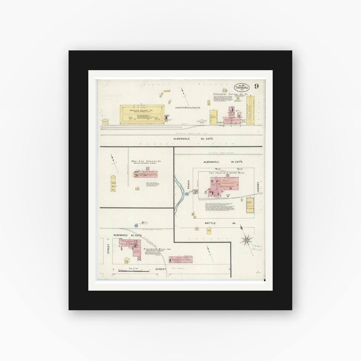 Old map wall art mockup — black gallery frame with white mat — Sanborn Fire Insurance Map from Tarboro, Edgecombe County, North Carolina (1908), Sheet #0009