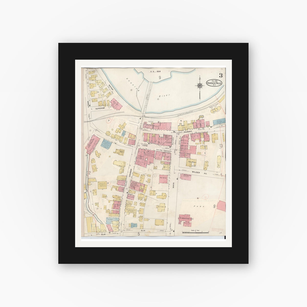 Old map wall art mockup — black gallery frame with white mat — Sanborn Fire Insurance Map from Hoosick Falls, Rensselaer County, New York (1945), Sheet #0003
