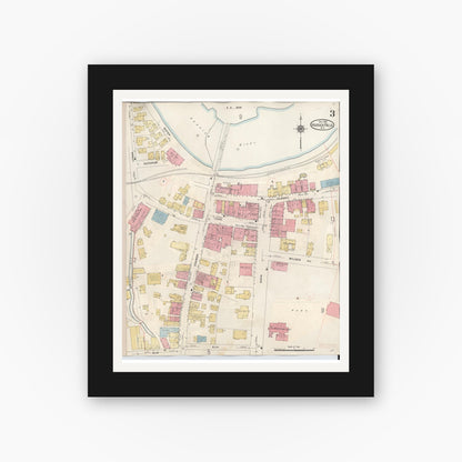 Old map wall art mockup — black gallery frame with white mat — Sanborn Fire Insurance Map from Hoosick Falls, Rensselaer County, New York (1945), Sheet #0003