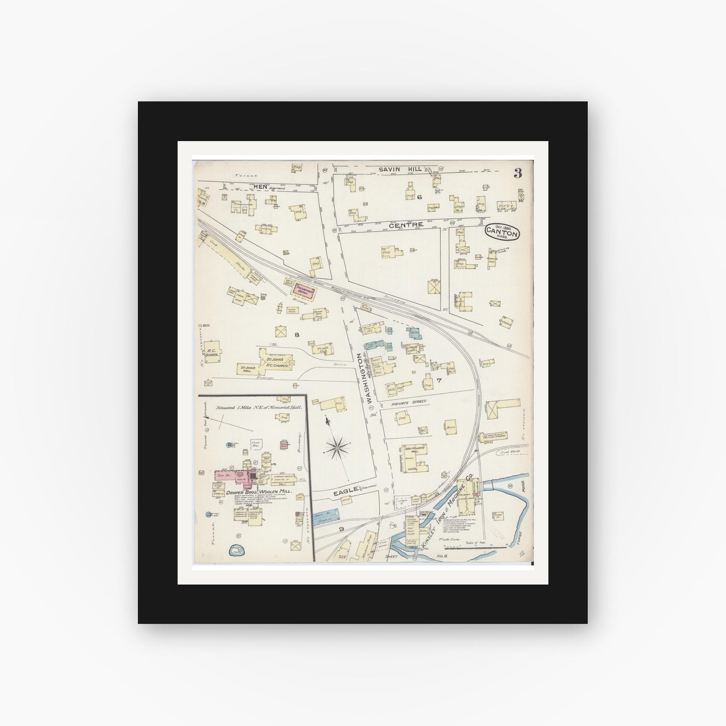 Old map wall art mockup — black gallery frame with white mat — Sanborn Fire Insurance Map from Canton, Norfolk County, Massachusetts (1885), Sheet #0003