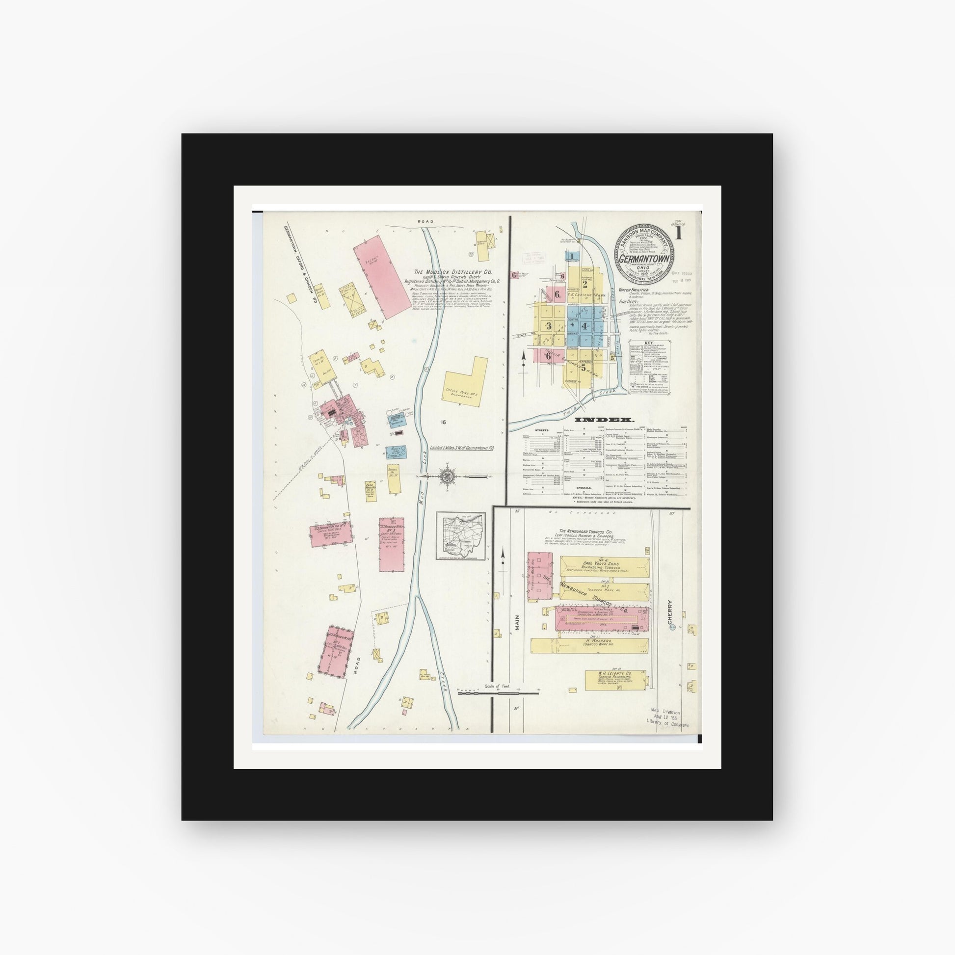 Old map wall art mockup — black gallery frame with white mat — Sanborn Fire Insurance Map from Germantown, Montgomery County, Ohio (1912) - Complete Map Set