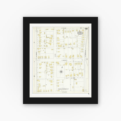 Old map wall art mockup — black gallery frame with white mat — Sanborn Fire Insurance Map from Sherman, Grayson County, Texas (1908), Sheet #0018