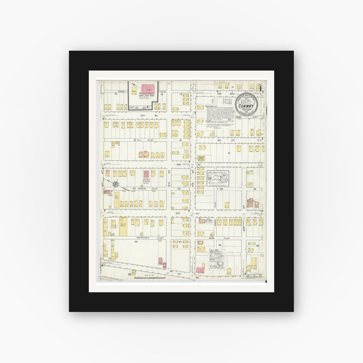 Old map wall art mockup — black gallery frame with white mat — Sanborn Fire Insurance Map from Conway, Beaver County, Pennsylvania (1916) - Complete Map Set