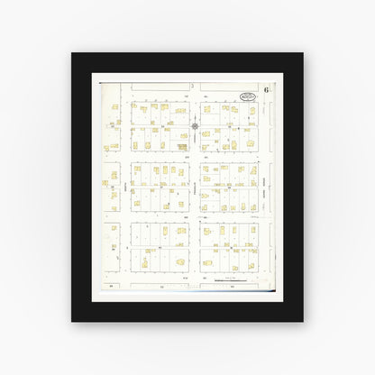 Old map wall art mockup — black gallery frame with white mat — Sanborn Fire Insurance Map from Ackley, Hardin and Franklin Counties, Iowa (1916), Sheet #0006