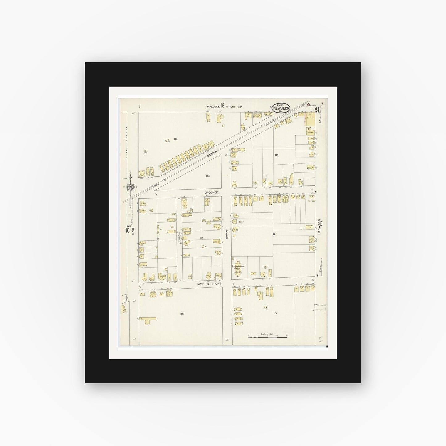 Old map wall art mockup — black gallery frame with white mat — Sanborn Fire Insurance Map from New Bern, Craven County, North Carolina (1913), Sheet #0009