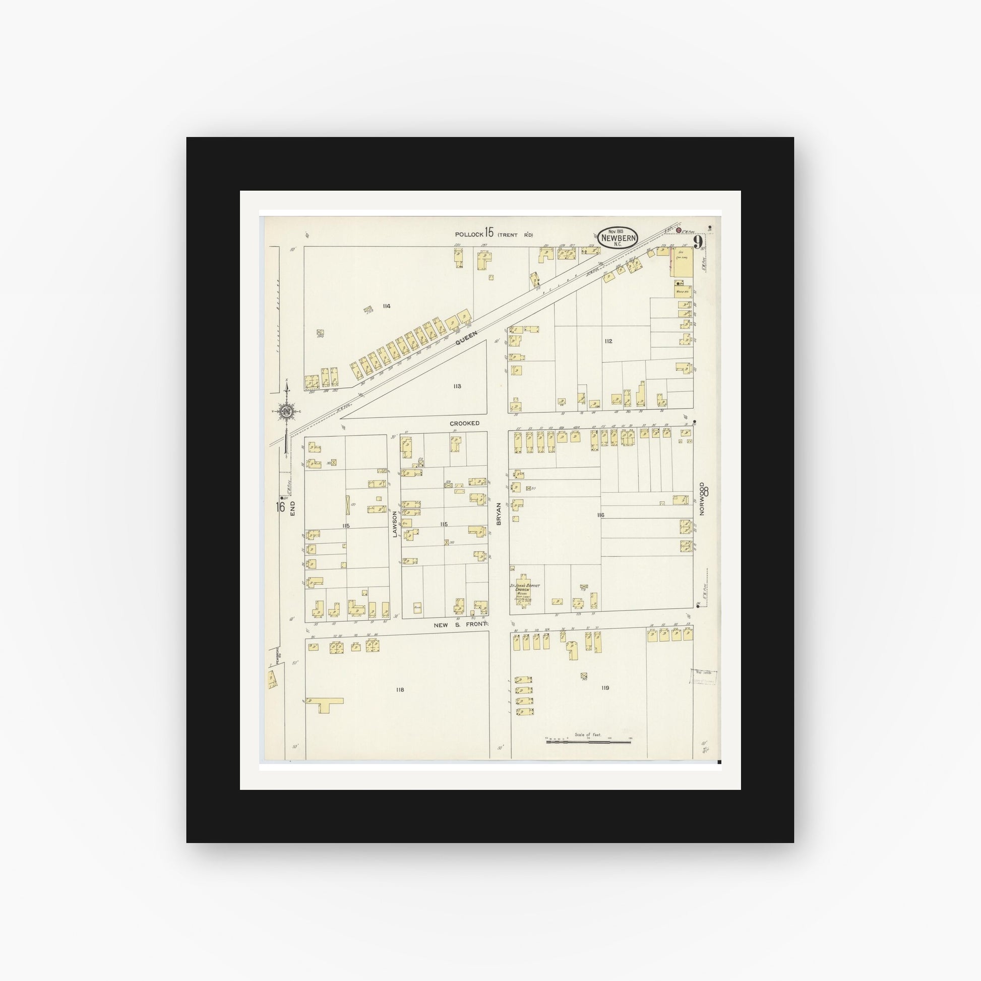 Old map wall art mockup — black gallery frame with white mat — Sanborn Fire Insurance Map from New Bern, Craven County, North Carolina (1913), Sheet #0009