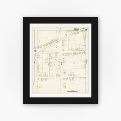 Old map wall art mockup — black gallery frame with white mat — Sanborn Fire Insurance Map from New Bern, Craven County, North Carolina (1913), Sheet #0009