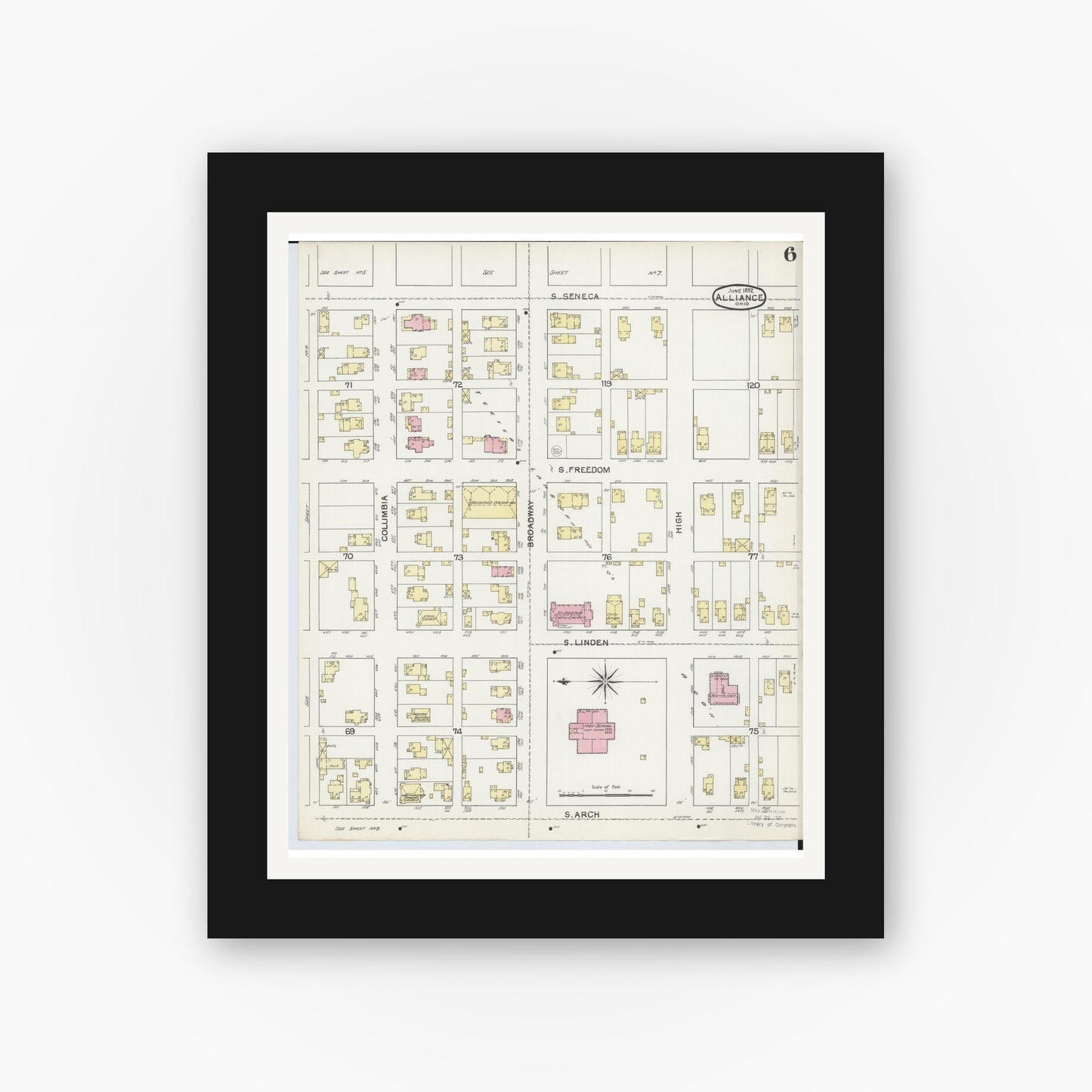 Old map wall art mockup — black gallery frame with white mat — Sanborn Fire Insurance Map from Alliance, Stark County, Ohio (1892), Sheet #0006