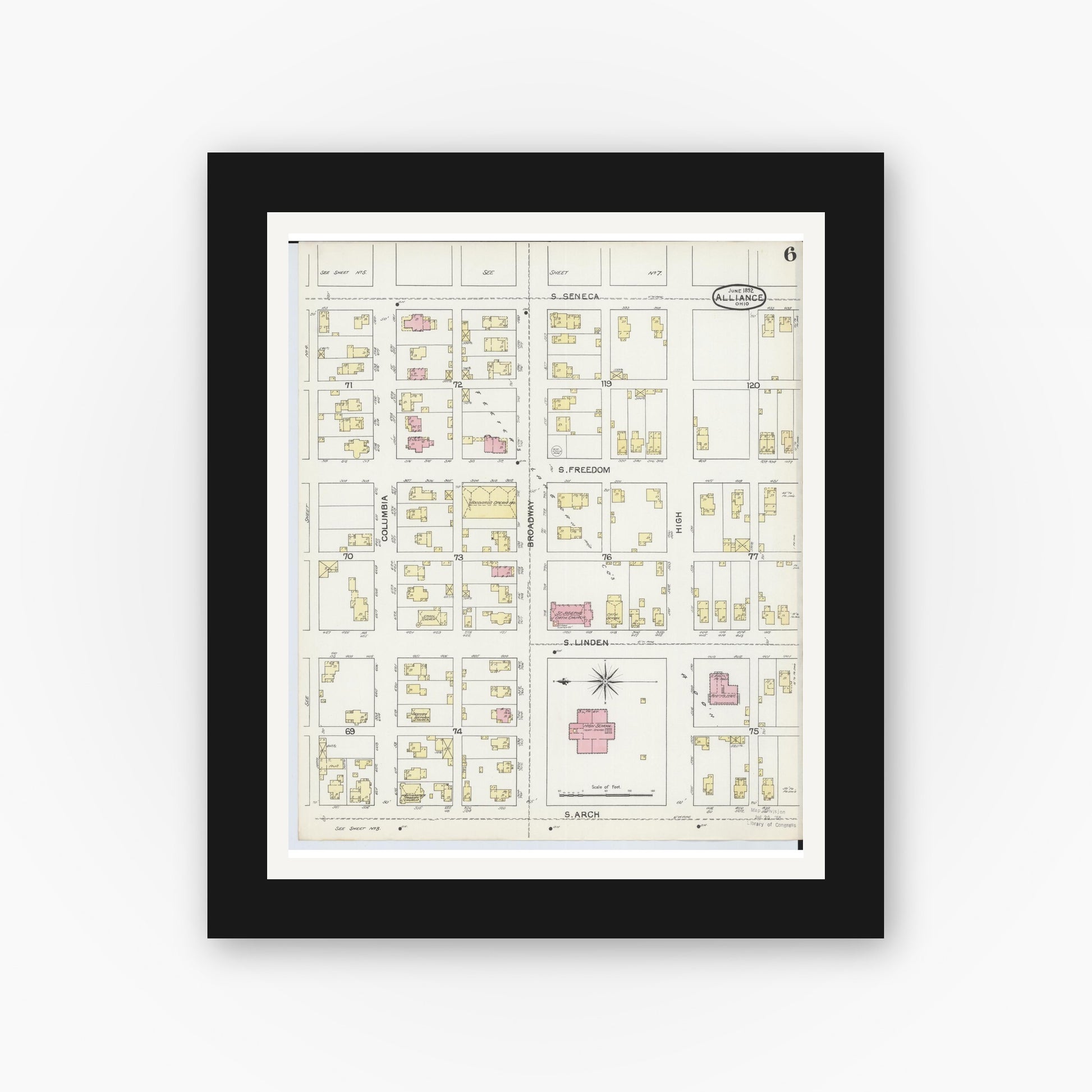 Old map wall art mockup — black gallery frame with white mat — Sanborn Fire Insurance Map from Alliance, Stark County, Ohio (1892), Sheet #0006