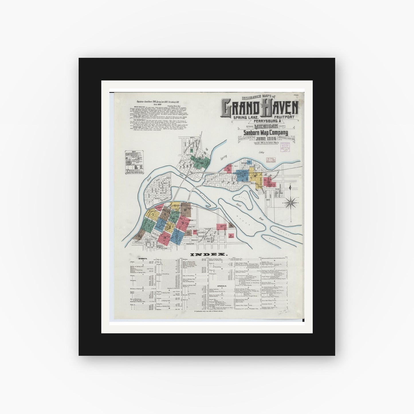 Old map wall art mockup — black gallery frame with white mat — Sanborn Fire Insurance Map from Grand Haven, Ottawa County, Michigan (1906) - Complete Map Set