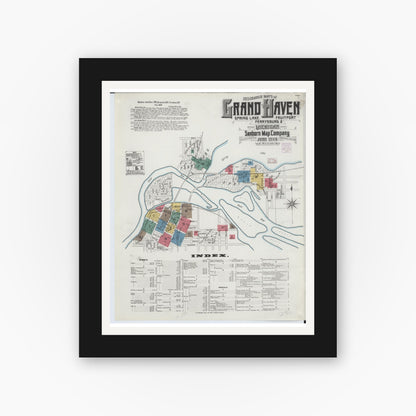 Old map wall art mockup — black gallery frame with white mat — Sanborn Fire Insurance Map from Grand Haven, Ottawa County, Michigan (1906) - Complete Map Set