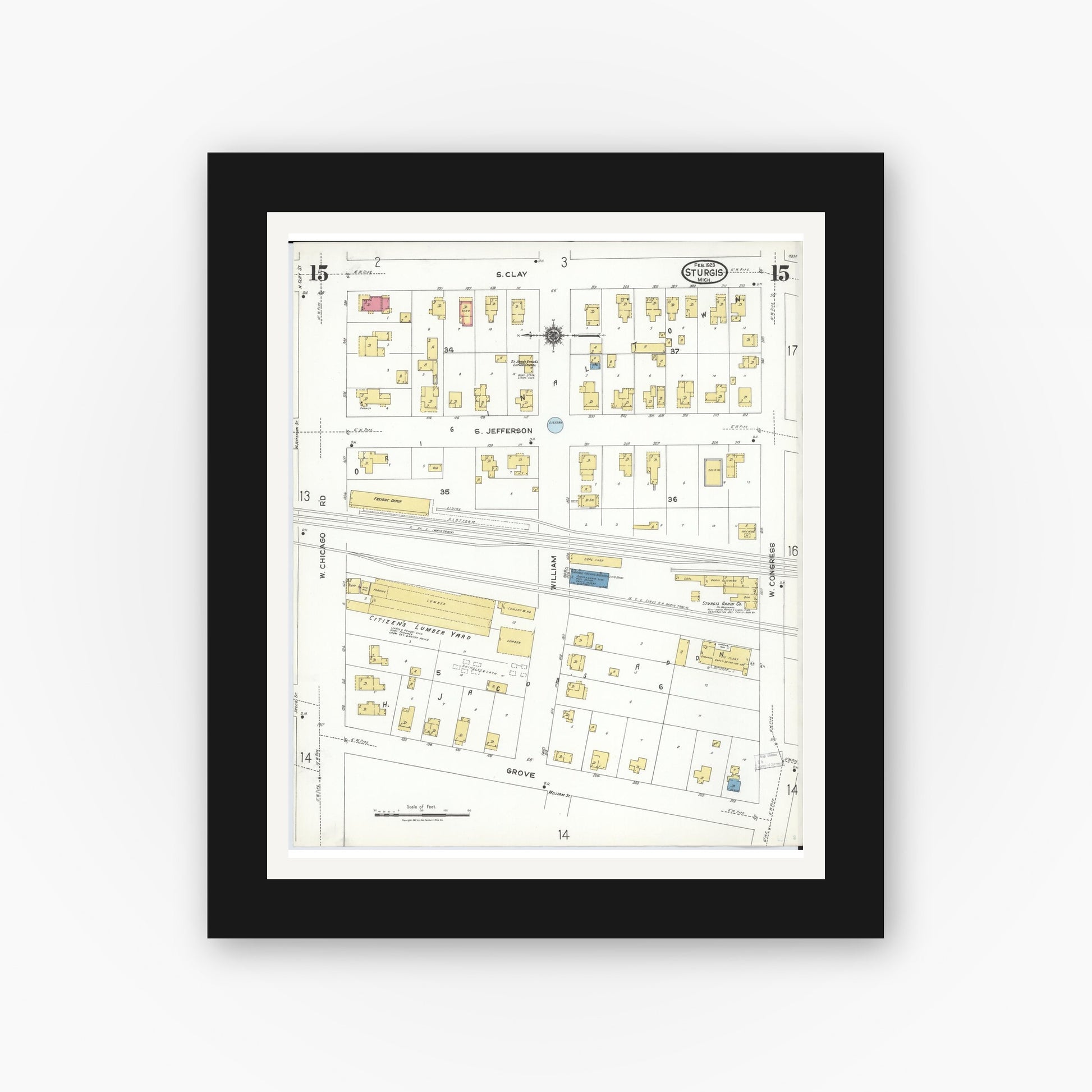 Old map wall art mockup — black gallery frame with white mat — Sanborn Fire Insurance Map from Sturgis, Saint Joseph County, Michigan (1923), Sheet #0015