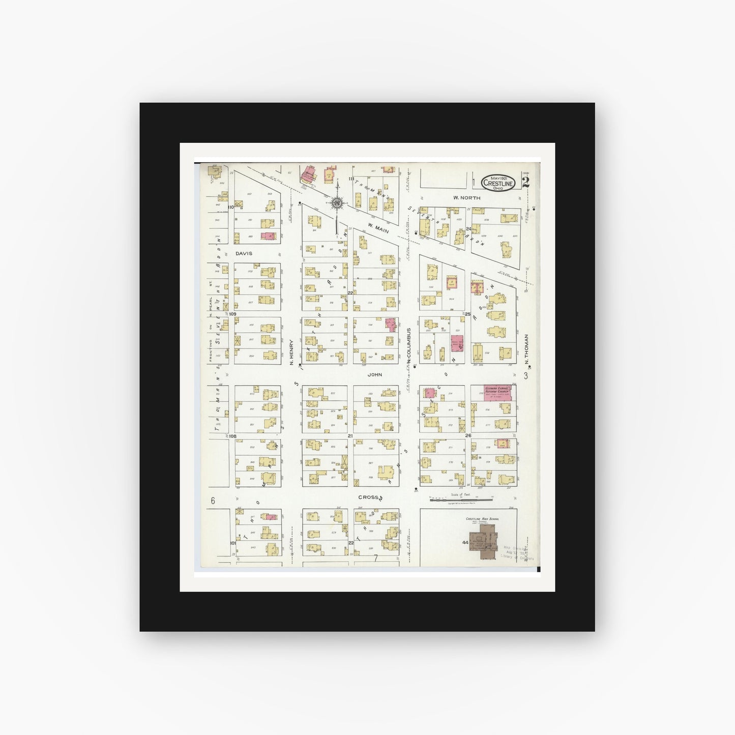 Old map wall art mockup — black gallery frame with white mat — Sanborn Fire Insurance Map from Crestline, Crawford County, Ohio (1921), Sheet #0002