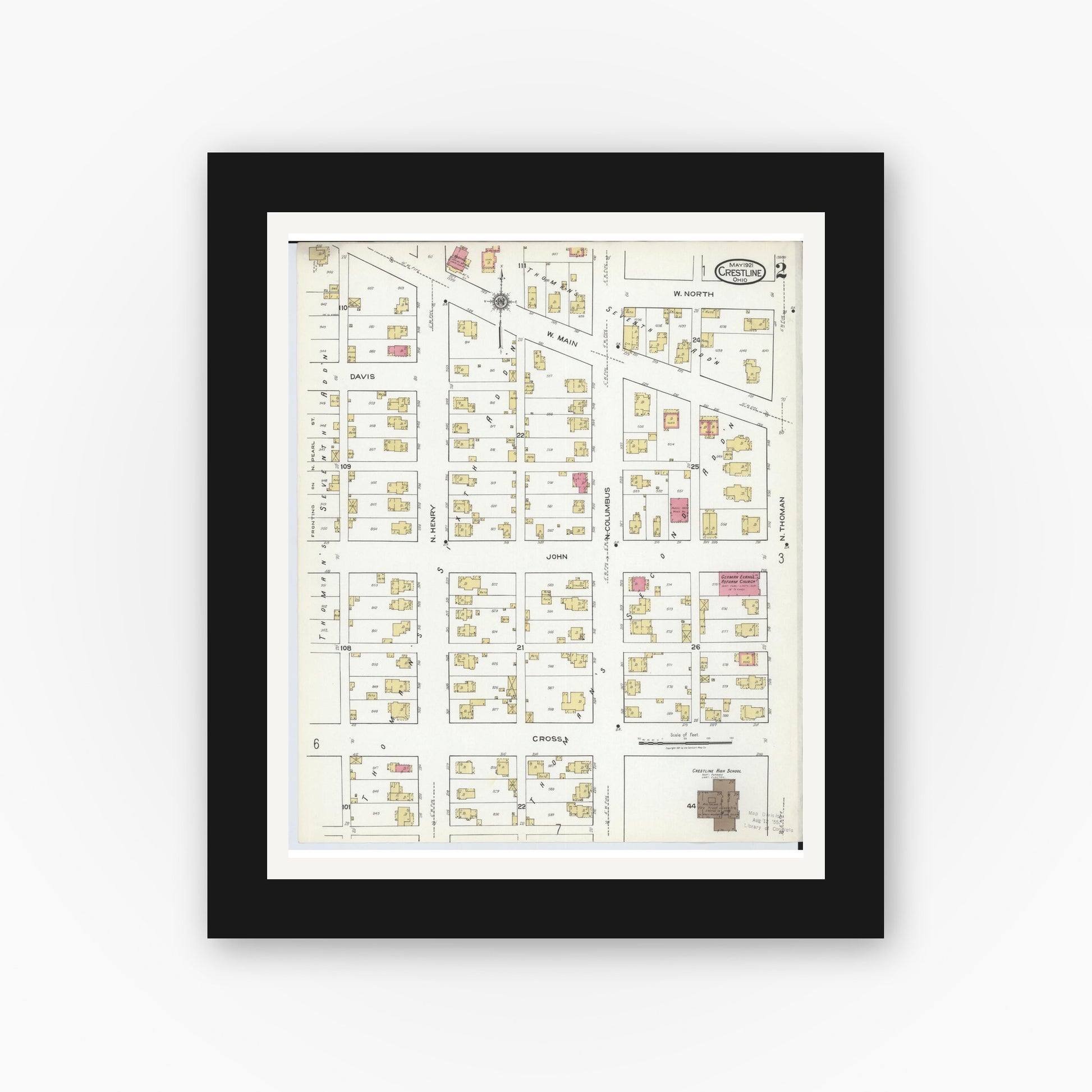 Old map wall art mockup — black gallery frame with white mat — Sanborn Fire Insurance Map from Crestline, Crawford County, Ohio (1921), Sheet #0002