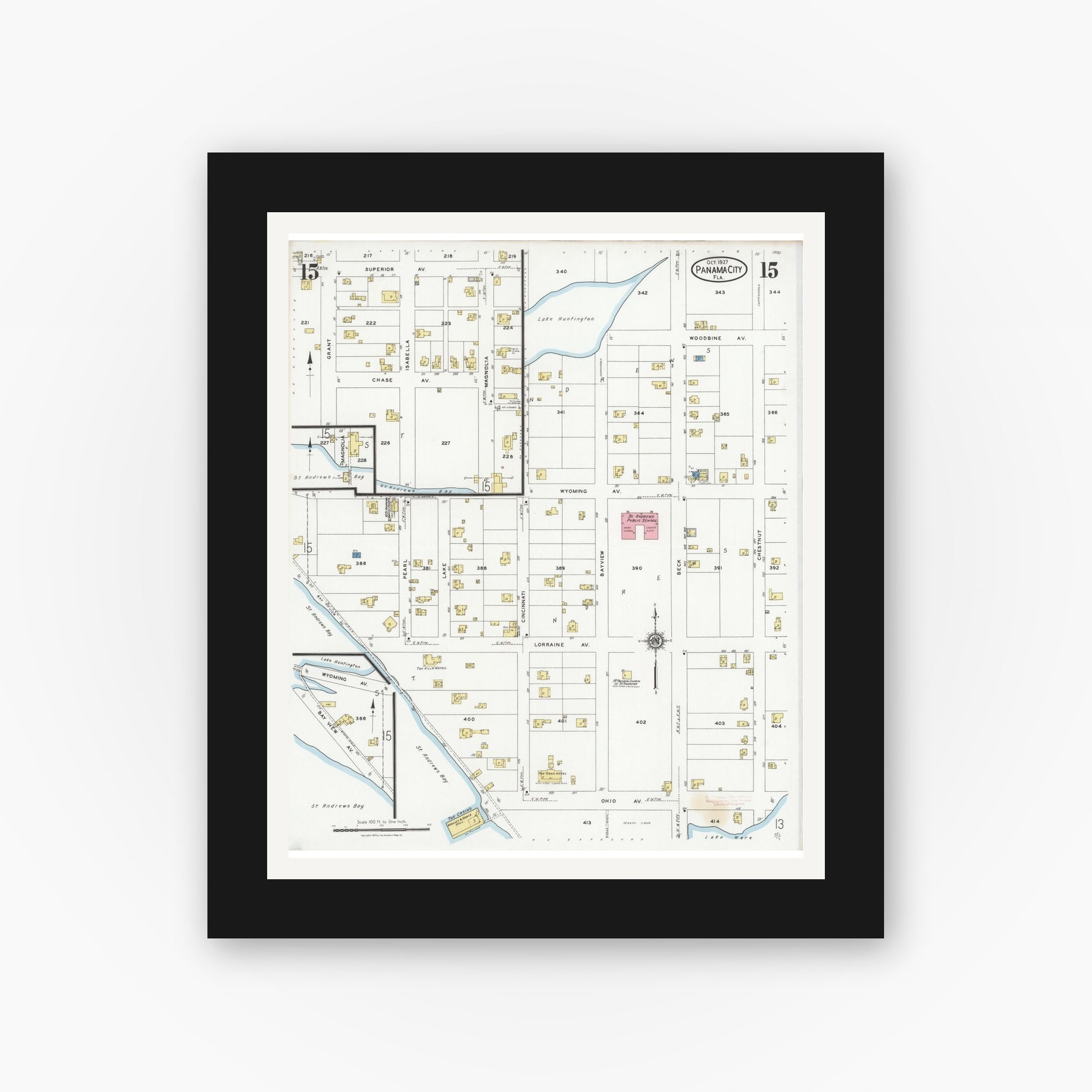 Old map wall art mockup — black gallery frame with white mat — Sanborn Fire Insurance Map from Panama City, Bay County, Florida (1927), Sheet #0015