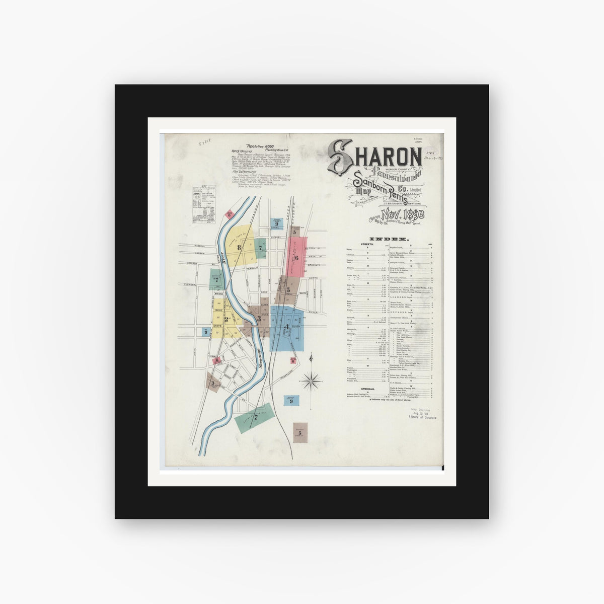 Old map wall art mockup — black gallery frame with white mat — Sanborn Fire Insurance Map from Sharon, Mercer County, Pennsylvania (1893) - Complete Map Set