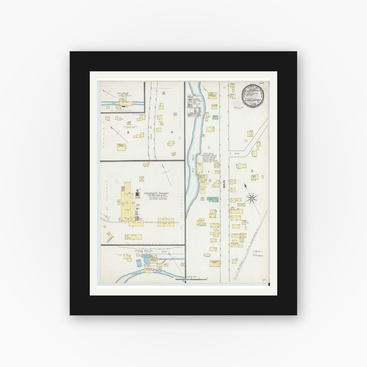 Old map wall art mockup — black gallery frame with white mat — Sanborn Fire Insurance Map from Lanesboro, Susquehanna County, Pennsylvania (1892), Sheet #0001