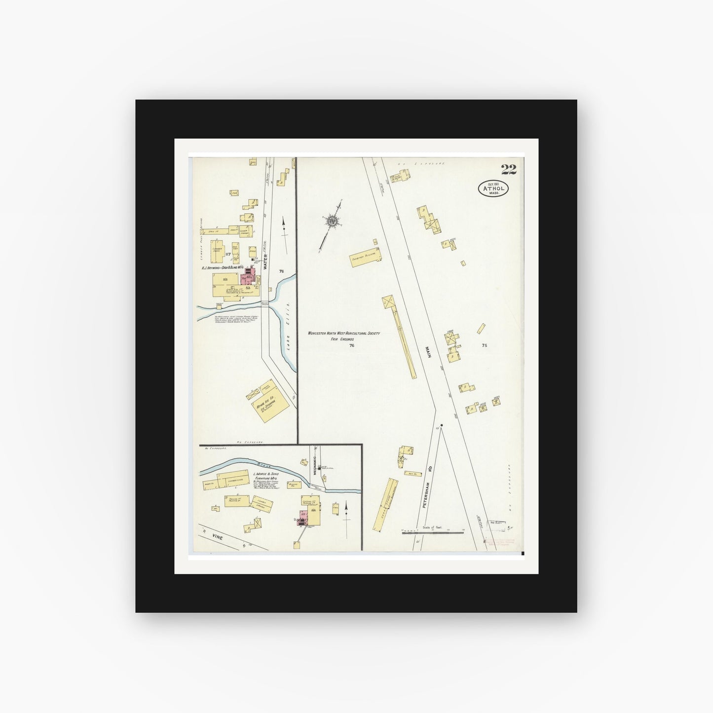 Old map wall art mockup — black gallery frame with white mat — Sanborn Fire Insurance Map from Athol, Worcester County, Massachusetts (1911), Sheet #0022