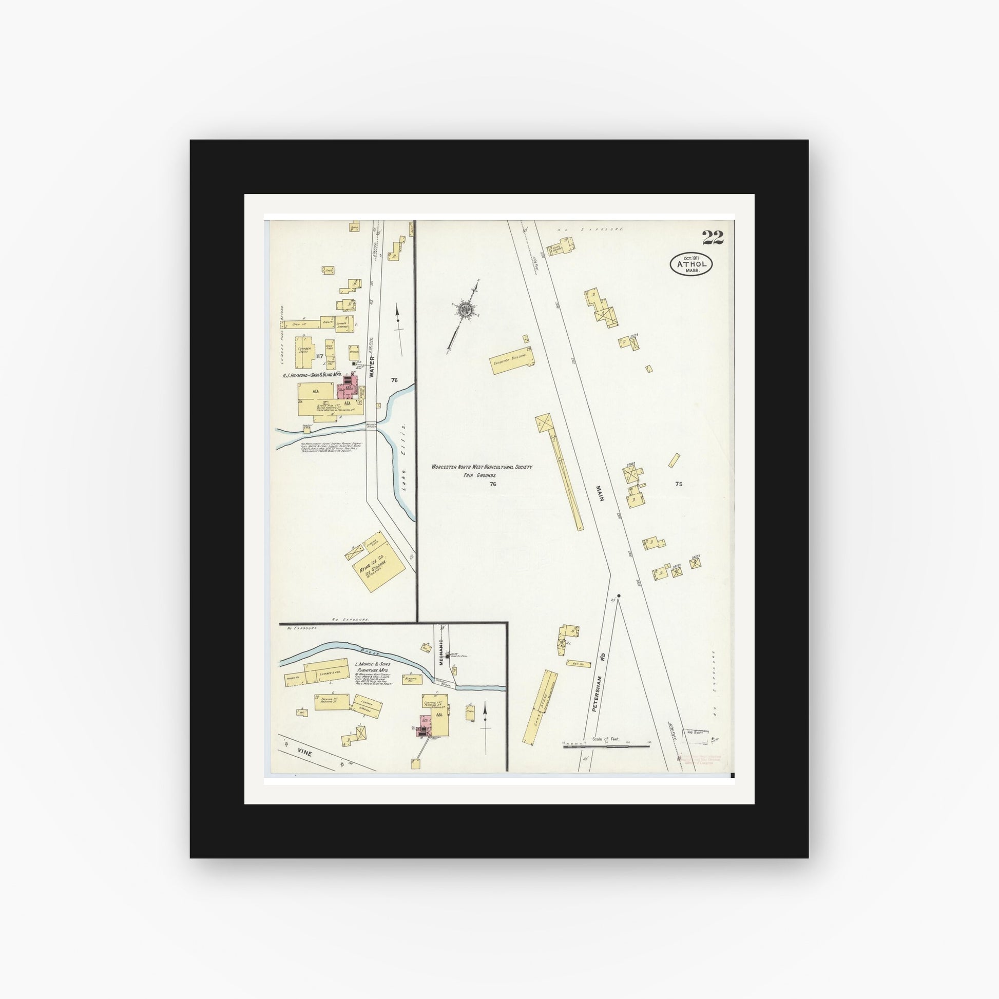 Old map wall art mockup — black gallery frame with white mat — Sanborn Fire Insurance Map from Athol, Worcester County, Massachusetts (1911), Sheet #0022