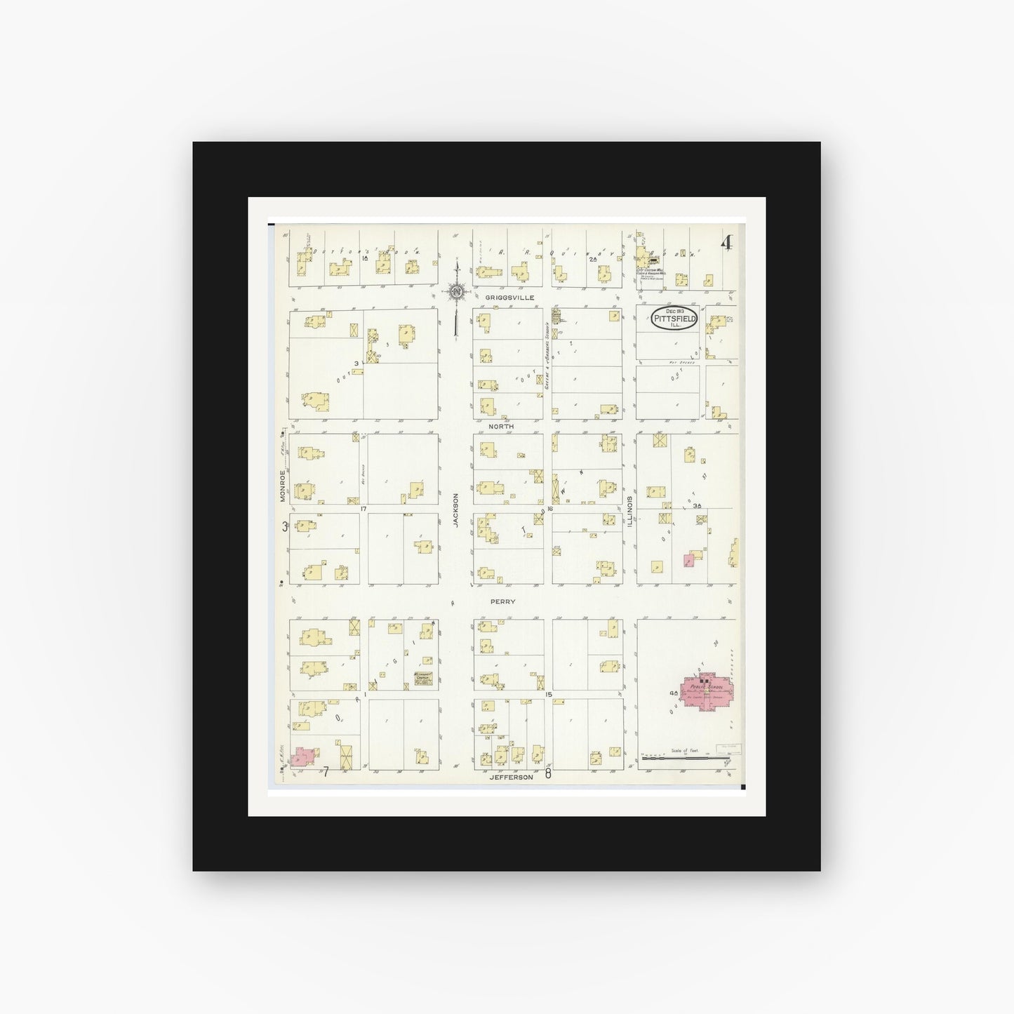 Old map wall art mockup — black gallery frame with white mat — Sanborn Fire Insurance Map from Pittsfield, Pike County, Illinois (1913), Sheet #0004