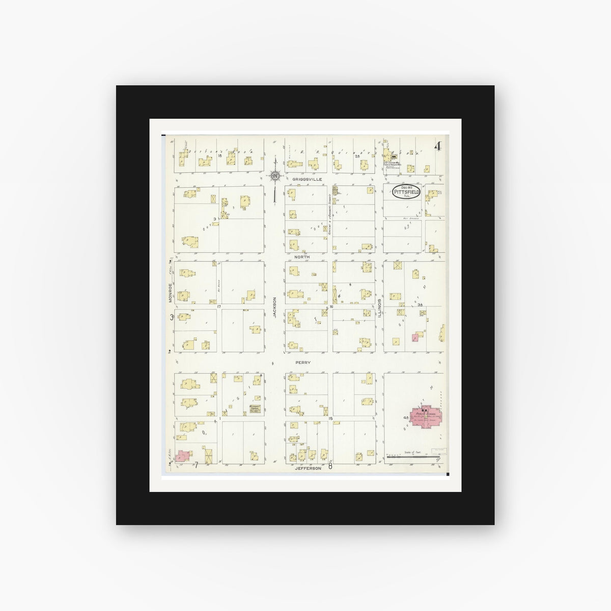 Old map wall art mockup — black gallery frame with white mat — Sanborn Fire Insurance Map from Pittsfield, Pike County, Illinois (1913), Sheet #0004