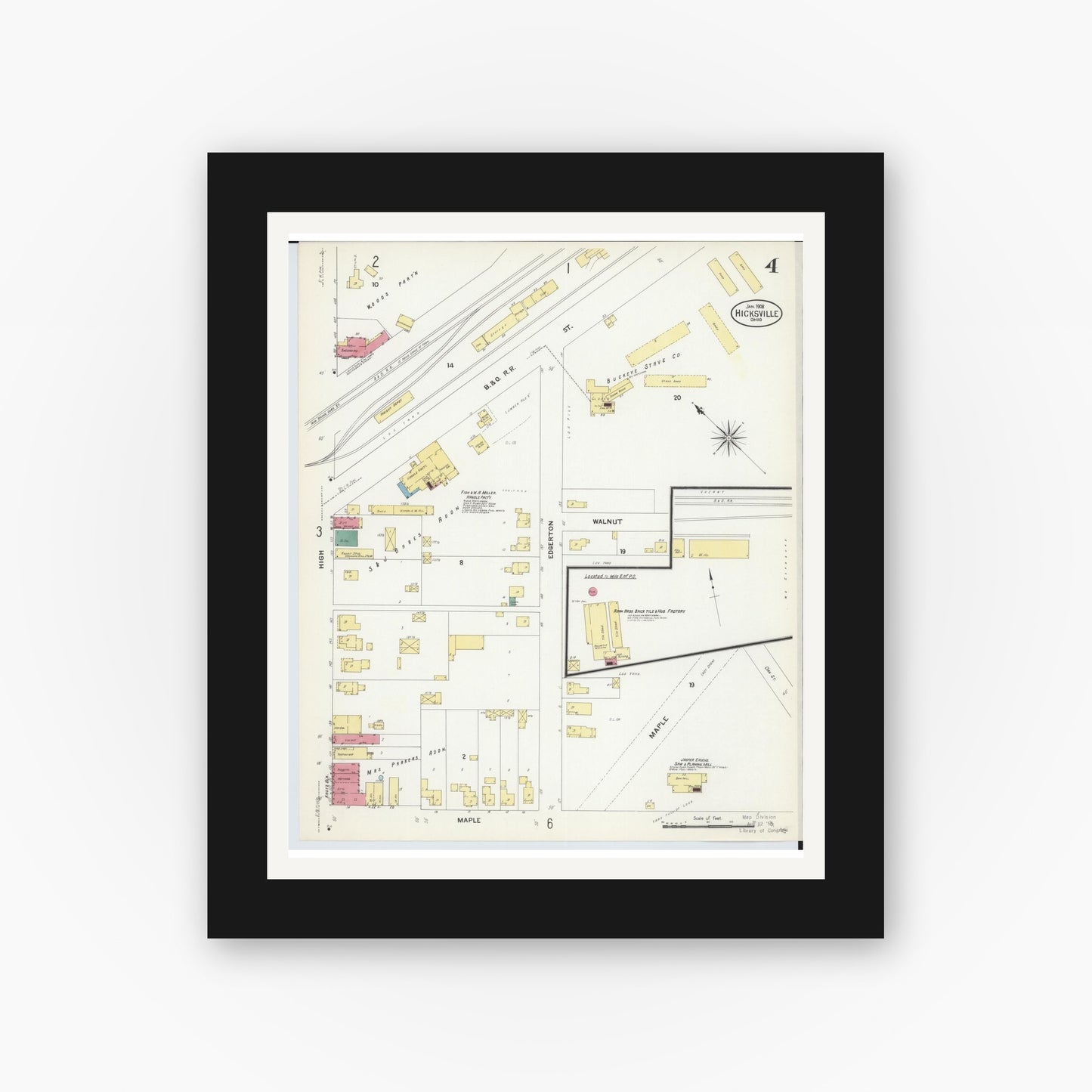 Old map wall art mockup — black gallery frame with white mat — Sanborn Fire Insurance Map from Hicksville, Defiance County, Ohio (1908), Sheet #0004